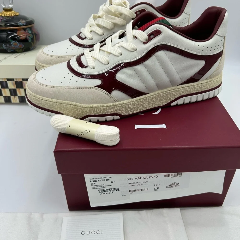 Men's Gucci re-Web sneakers in white leather with red accents size 12.5 Italy